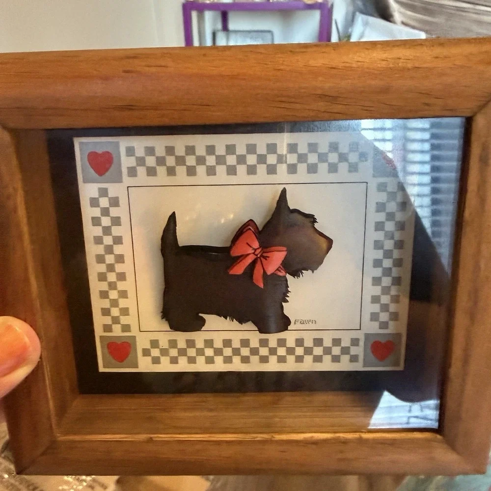 Vintage Scottie Dog Shadow Box Wall Art 4x6 Wood Frame Red Bow Hearts Folk Art